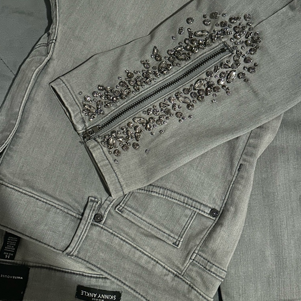 White House Black Market Gray Skinny Jeans with Embellished Zip Detail